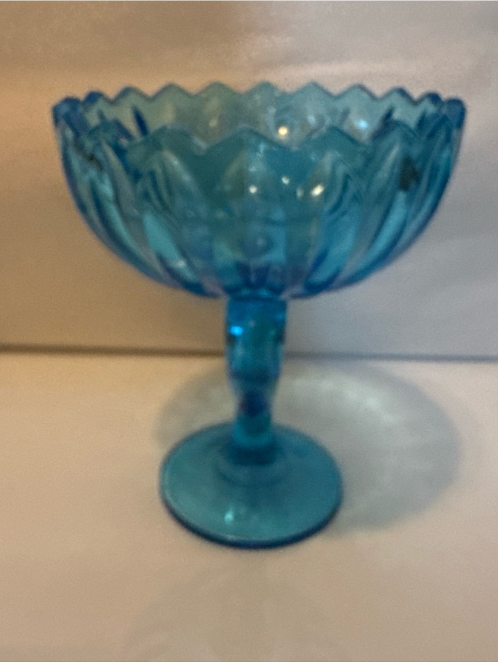 Indiana Blue Glass Lotus Flower Pedestal Art Glass Tulip Candy Dish 7.5” Tall